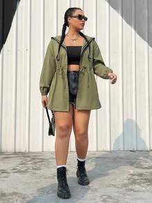 SHEIN EZwear Women's Plus Size Solid Color Hooded Zipper & Drawstring Closure Jacket - Green - View 5