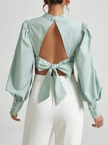 SHEIN Essnce Camisa De Manga Farol Con Diseño De Nudo En La Espalda Para Mujer - verde menta - Ver 4
