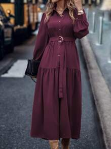 LanaWest Women's Belted Shirt Dress Maxi Women Outfit - Red Violet - View 3