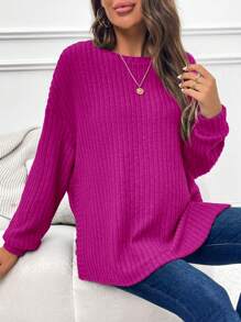 SHEIN 孕婦落肩長袖羅紋開叉下擺 T 卹 - 玫紅色 - 查看 3