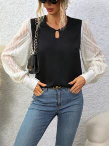 SHEIN Clasi Cutout Collar Patchwork Lantern Sleeve Shirt