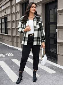 SHEIN Franclia Women's Plus Size Plaid Button Front Flap Pocket Woolen Coat - Multicolor - View 5