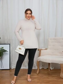 SHEIN Essnce 大碼高領條紋針織T恤 - 杏色 - 查看 4