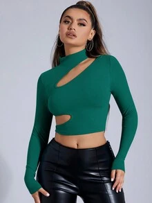 SHEIN SXY Thon gọn Xu hướng: Cắt giảm Đan Cổ giả Tay áo dài Áo thun - Màu xanh lá cây đậm - Xem 4