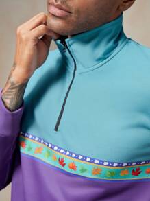 In My Nature Men Leaf Print Half Zip Outdoor Sweatshirt - Multicolor - View 3