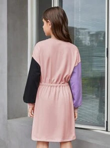 SHEIN 女孩針織假兩件寬鬆披頭連衣裙,彈性腰帶,適合休閒穿搭 - 彩色 - 查看 2