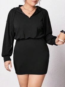 SHEIN Essnce 大尺碼女式連帽束腰裙 - 黑色 - 查看 1