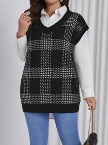 SHEIN Essnce 女性的加大尺寸格紋圖案v領毛衣背心 - 黑色 - 查看 1