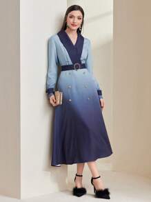 Modelyn 女裝漸變色披肩領鈕扣細節包裝裙 - 藍色 - 查看 6