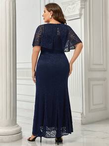 MIUSOL 大码全蕾丝蝴蝶袖美人鱼正式晚会礼服 - 藏蓝色 - 查看 2