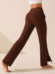 SHEIN Sports Women's Flared Athleisure Pants With Slits - Brown - View 2