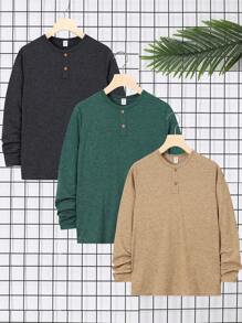 SHEIN 3pcs Loose Fit Casual Knitted Long Sleeve T-Shirt, Round Neck, For Tween Boys, School, Campus, College