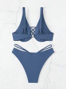 SHEIN Swim 纯色交叉设计比基尼套装夏季海滩 - 藏蓝色 - 查看 3