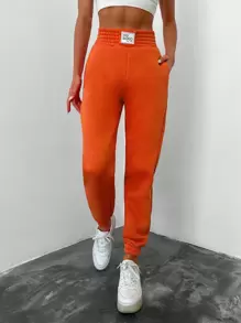RueChic Letter Patched Detail Slant Pocket Joggers - Burnt Orange - View 5
