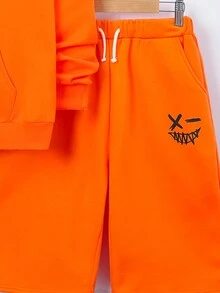 SHEIN 青少年男童休闲纯色印花连帽衫和短裤套装，羊毛加厚 - 橘色 - 查看 6