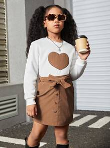 SHEIN 女孩(大童)絨毛愛心刺繡連帽衫和裙子套裝 - 彩色 - 查看 5