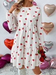 SHEIN LUNE Vestido Impreso Con Patrón De Corazones Para Dama - Rojo y blanco - Ver 3