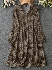 大尺碼女款長方形印花洋裝 - 棕色 - 查看 1