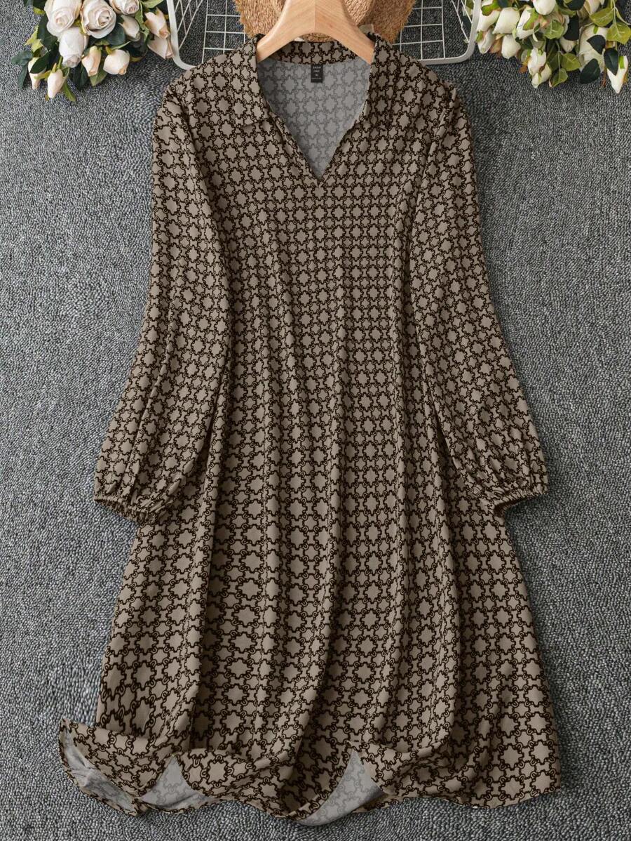 大尺碼女款長方形印花洋裝 - 棕色 - 查看 1