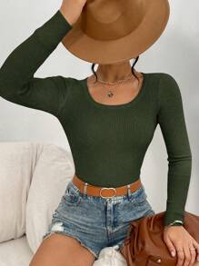 SHEIN EZwear 女士超大圓領肋紋毛衣套頭 - 軍綠色 - 查看 4