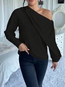 SHEIN Frenchy 女士純色不對稱領長袖襯衫 - 黑色 - 查看 3