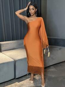 BamGleam Women's Fringed Asymmetric Collar Bat Sleeve Dress Maxi Women Outfit Fall Cloth For Women