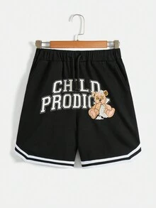 SHEIN Thiếu niên Con trai Hoạt hình In thư Ngắn tay Áo Với dây rút Eo Sọc Bộ quần short - màu đen - Xem 9