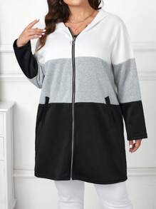 SHEIN LUNE 女裝大尺碼色塊拉鍊前方帽子外套 - 彩色 - 查看 4