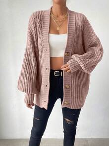 SHEIN Essnce Solid Color Drop Shoulder Button Front Cardigan - Pink - View 4