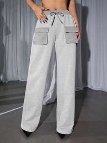 SHEIN ICON Low-Rise Color Blocking Sweatpants With 3d Pocket Design - Grey - View 3
