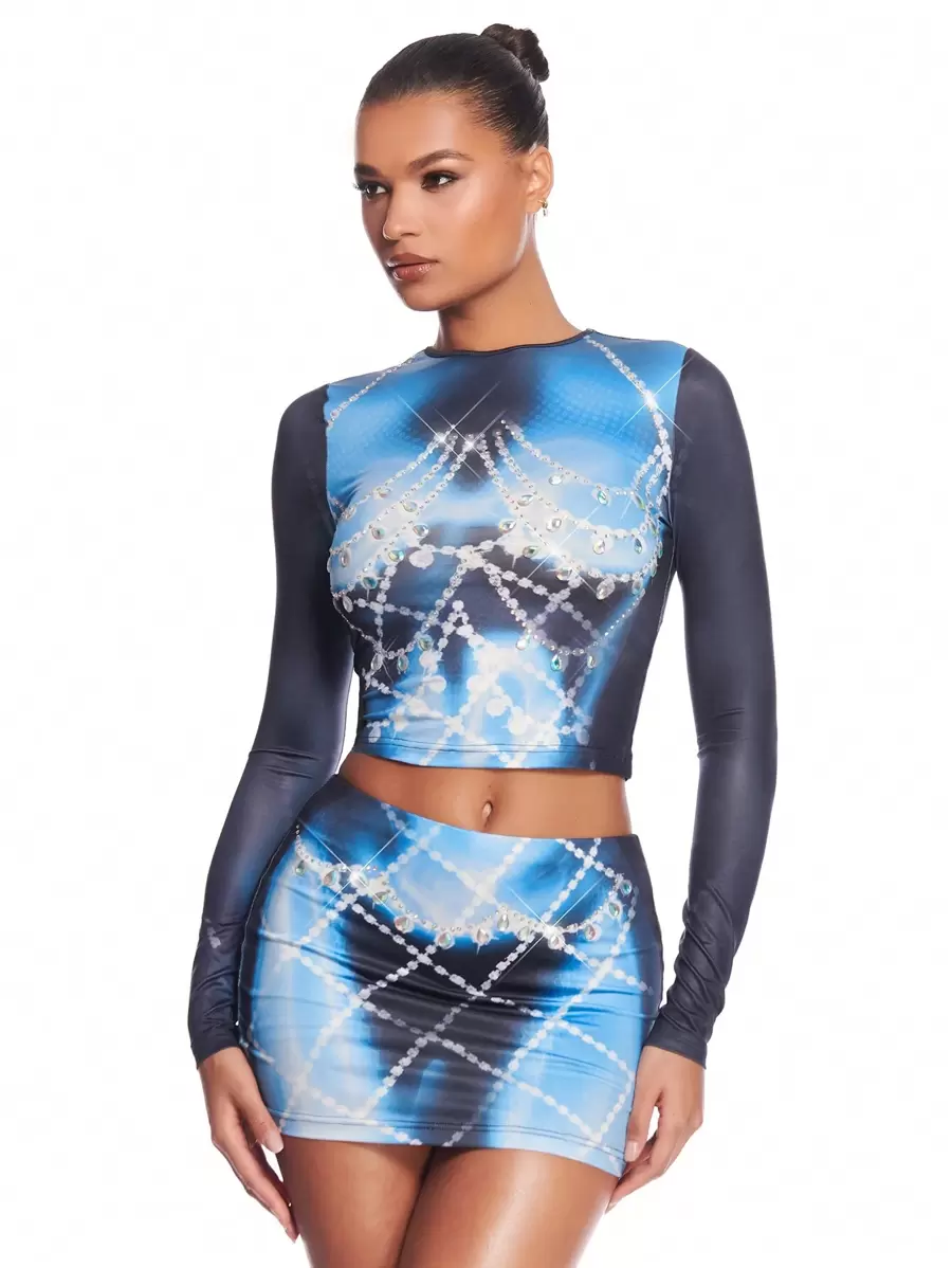 SHEIN BAE 女士體熱印花抽像印花水鑽裝飾長袖 T 卹上衣和低腰半身裙 - 藍色 - 查看 1