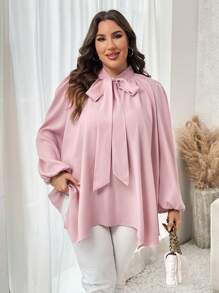 SHEIN Clasi 大码春秋休闲花卉印花衬衫领带不对称下摆教师衬衫 - 粉色 - 查看 4