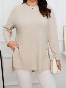 SHEIN Frenchy Plus-size Women's Ribbed T-shirt With Side Slits - Apricot - View 6