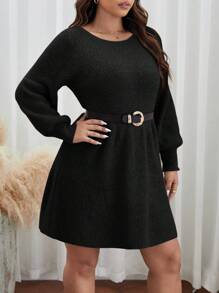SHEIN Frenchy Váy len tay đèn lồng màu trơn cỡ lớn (Không bao gồm thắt lưng) cho mùa thu/đông - màu đen - Xem 6