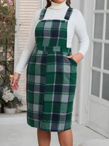 SHEIN LUNE Plus Size Casual Plaid Overall Dress For Autumn & Winter - Green - View 6