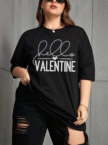 SHEIN EZwear 大尺碼女士情人節印花t恤 - 黑色 - 查看 1