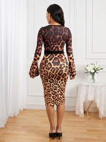 SHEIN Lady 女式豹紋開衩袖繫腰帶連身裙 - 彩色 - 查看 2