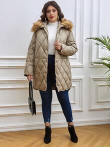 Astrid Women Plus Size Rhombus Pattern Long Sleeve Casual Jacket With Fluffy Collar - Camel - View 6