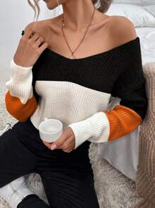 VaVaBold Jersey de punto con hombros descubiertos y espalda contrastante, tops de manga larga