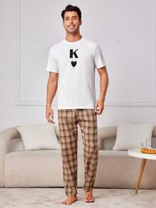 Men's Homewear Top With Letter & Heart Print - White - View 1