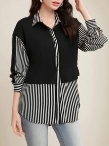EMERY ROSE Striped Patchwork Drop Shoulder Shirt,Long Sleeve Tops Fall Cloth For Women