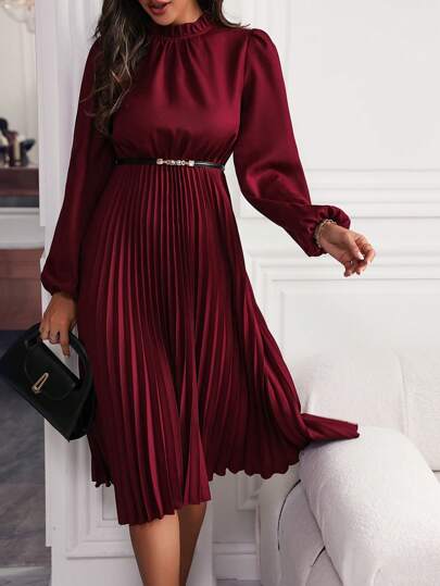 SHEIN Clasi Solid Color Lantern Sleeve Dress With Pleated Hem Maxi Women Outfit Fall Cloth For Women