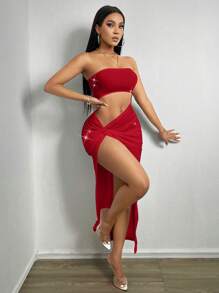 VaVaBold 女士高开衩镂空无肩带连衣裙，新年服装，长款女装 - 紅色 - 查看 8