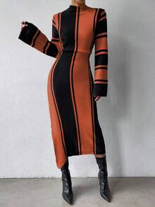 SHEIN Privé Women's Stand Collar  Flared Sleeve Striped Sweater Dress - Multicolor - View 5