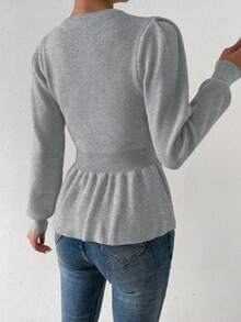 SHEIN Privé 純色荷葉邊泡泡袖圓領針織毛衣 - 灰色 - 查看 2