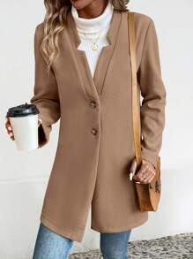 SHEIN LUNE Solid Button Front Overcoat - Khaki - View 6