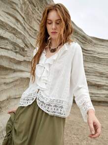 SHEIN VCAY 女式蕾絲拼接荷葉邊襯衫 - 白色 - 查看 3