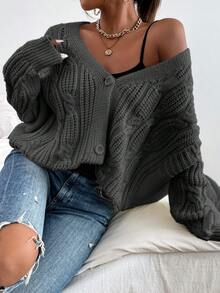 SHEIN Essnce Loose Cable Knit Cardigan - Dark Grey - View 4