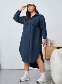 SHEIN EZwear 大尺碼寬鬆長連身裙,帶有翻蓋口袋和不對稱下擺 - 藏蓝色 - 查看 5