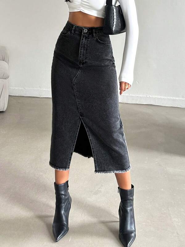 Falda en mezclilla de talle alto de muslo con abertura